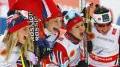 The Norway ladies' relay celebrates gold at the Cross Country Skiing Worlds in Falun (Sweden)